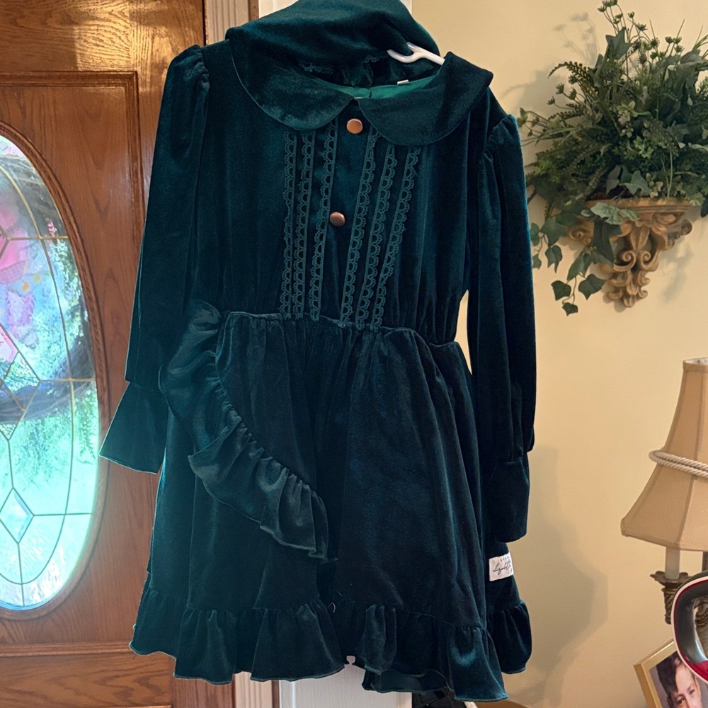 Classic Velvet Ruffled Girls' Dress - Dark Green